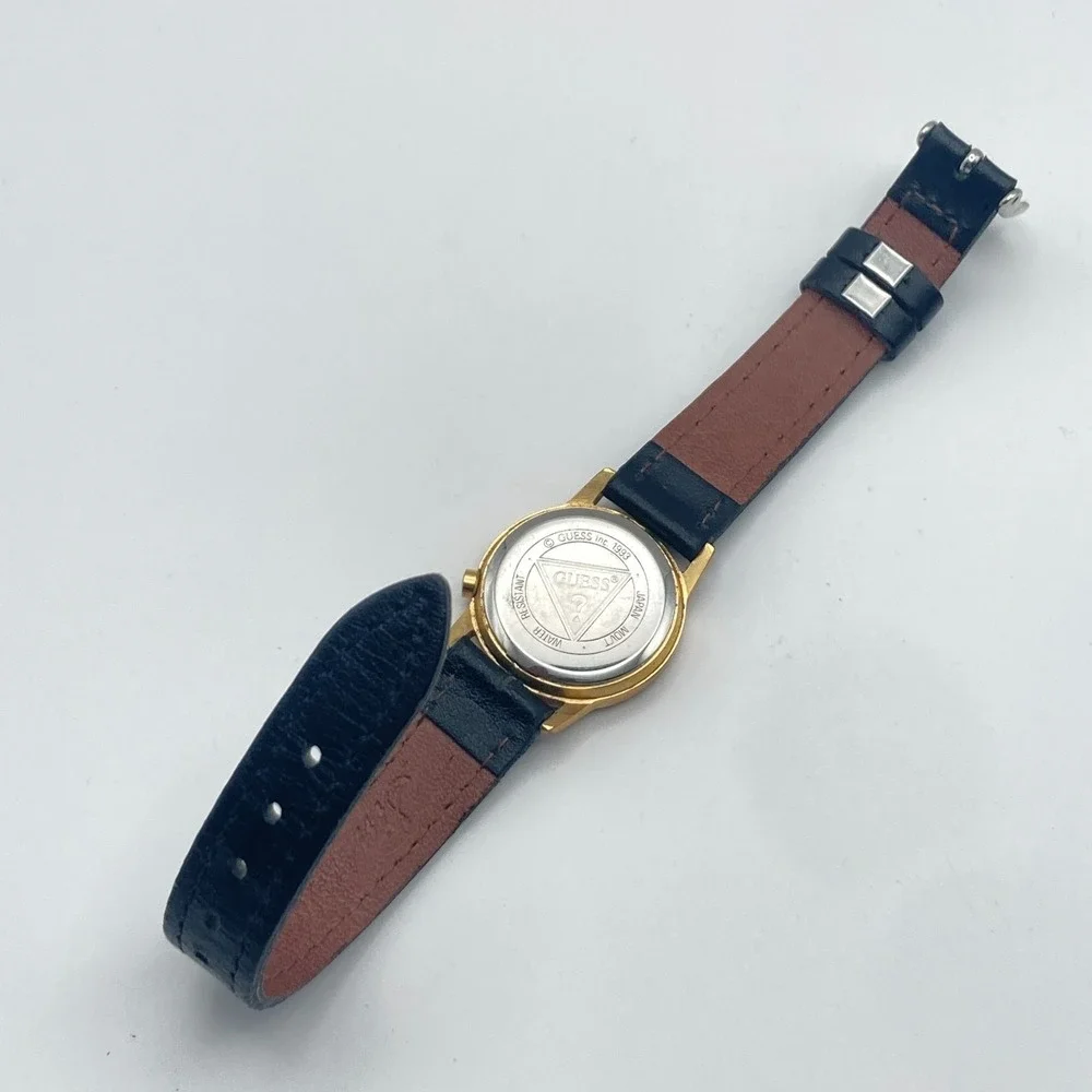 Vintage Guess Womens Watch 25mm Gold Tone Black Logo New Battery 7.75